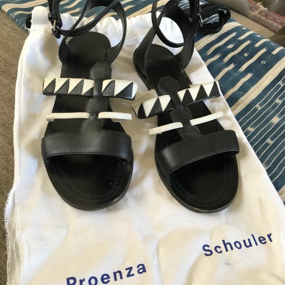 Proenza Schouler Shoes - Proenza Schouler Graphic Sandals Leather Gladiator Ankle Strap Flat 37.5